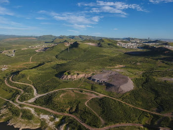 Aerial view of agricultural landscape against sky