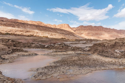 Sinkhole filled with turquoise water, near dead sea coastline. hole formed when underground salt is