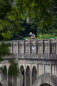 People on bridge against clear sky