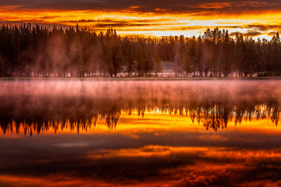 Scenic view of lake against orange sky