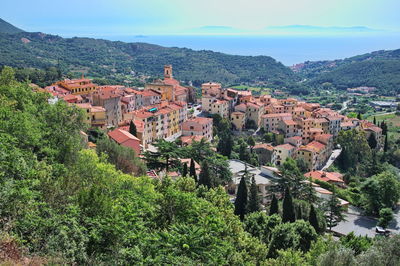 Scenic view of village on eastern part of elba island