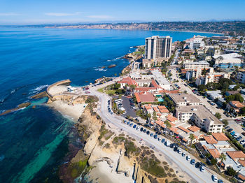 High angle view of city at seaside