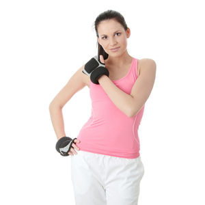 Portrait of smiling woman standing against white background