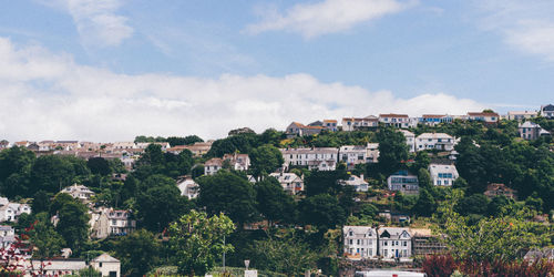 Buildings by trees against sky