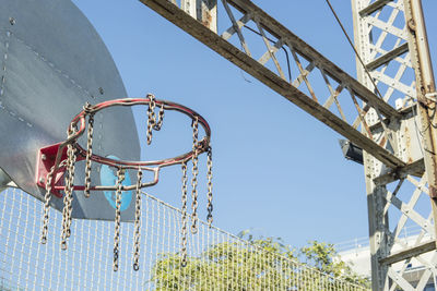 Low angle view of basketball hoop against clear sky