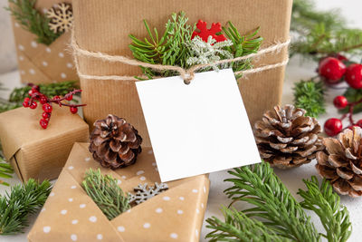 Close-up of christmas decorations on table