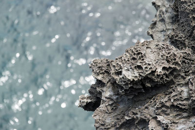 High angle view of sea by rock formation