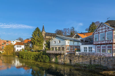 View of kettwig historic center from ruhr river, germany