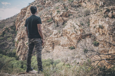 Rear view of man standing by tree against sky