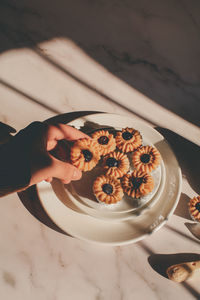 High angle view of dessert on table