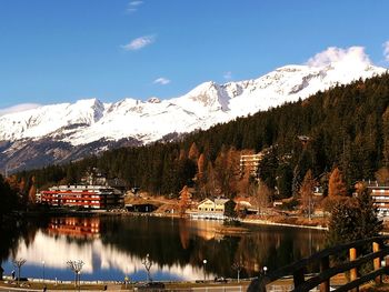 Scenic view of river by mountains against sky