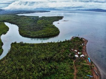 High angle view of sea and trees