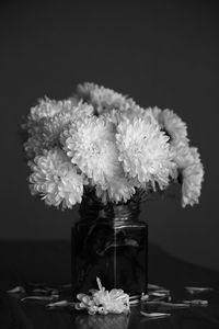 Close-up of flower vase on table against black background