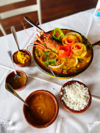 High angle view of food served on table