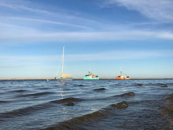 Sailboats on sea against sky