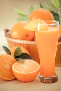 Close-up of orange juice on table