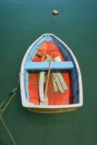 High angle view of boat moored in sea