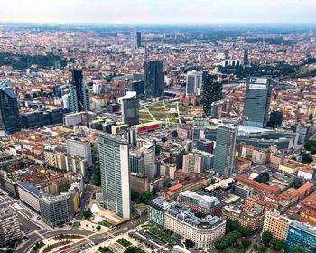 High angle view of buildings in city