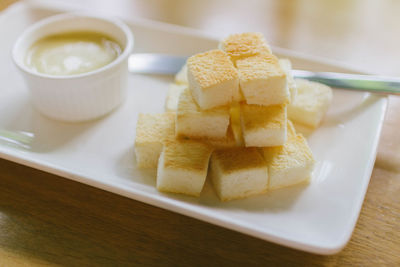 High angle view of dessert in plate on table