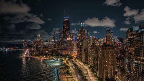 Chicago gold coast aerial view at night