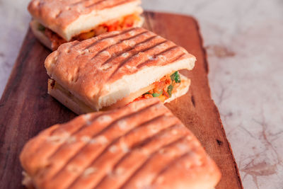 High angle view of meat on cutting board