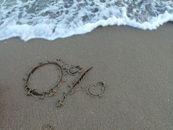 High angle view of text on sand at beach