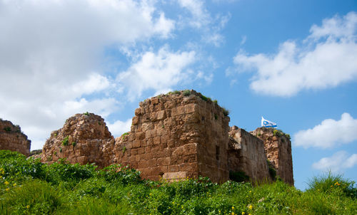 Low angle view of rock formations against sky