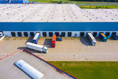 Aerial view of goods warehouse. logistics center in industrial city zone from above. aerial view 