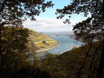 High angle view of river amidst trees against sky