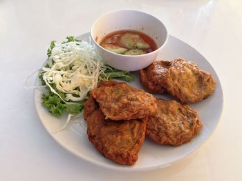 High angle view of food served on table