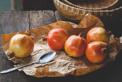 Close-up of fruits in basket on table