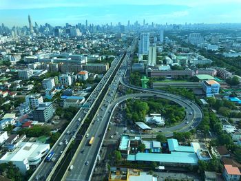 High angle view of street amidst buildings in city