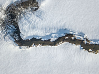 Close-up of frozen river against snowcapped mountain