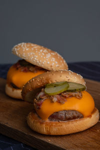 Close-up of burger on cutting board