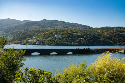 Scenic view of river by mountains against clear sky