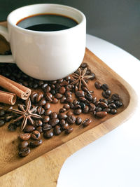 High angle view of coffee cup on table