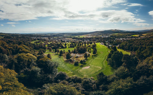 Aerial view of golf course situated in scotland hills