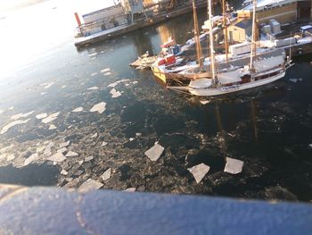 Boats moored in water