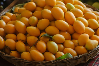 High angle view of oranges in basket