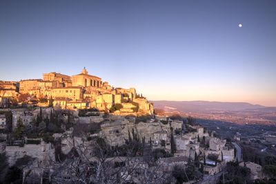 High angle view of townscape against sky during sunset