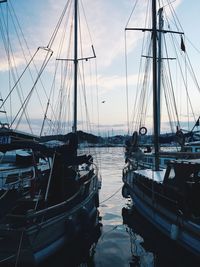 Sailboats moored at harbor