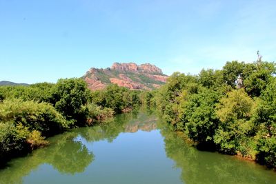 Scenic view of lake against clear blue sky