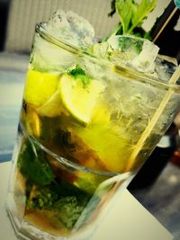 Close-up of drink served on table