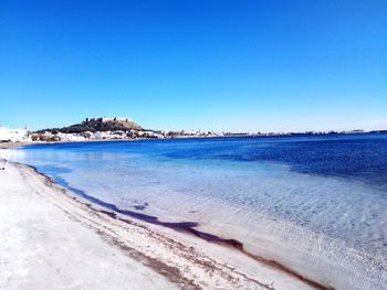 Scenic view of beach against clear blue sky