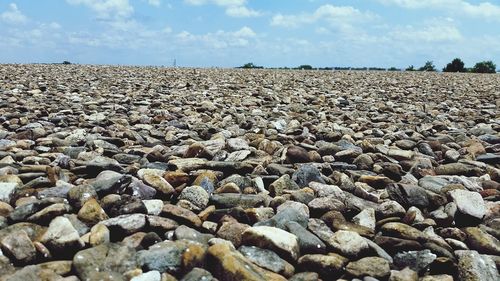 Pebbles on beach against sky