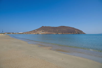 Scenic view of beach against clear blue sky