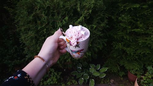 Close-up of hand holding cup with drink and marsmallow against plants