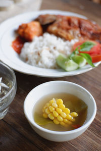 High angle view of salad in bowl on table