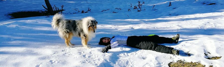 Person standing on snow covered landscape against sky