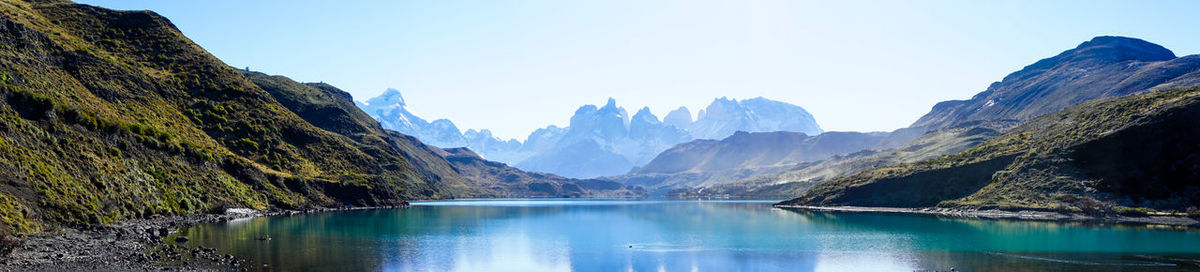 Panoramic view of lake and mountains against sky